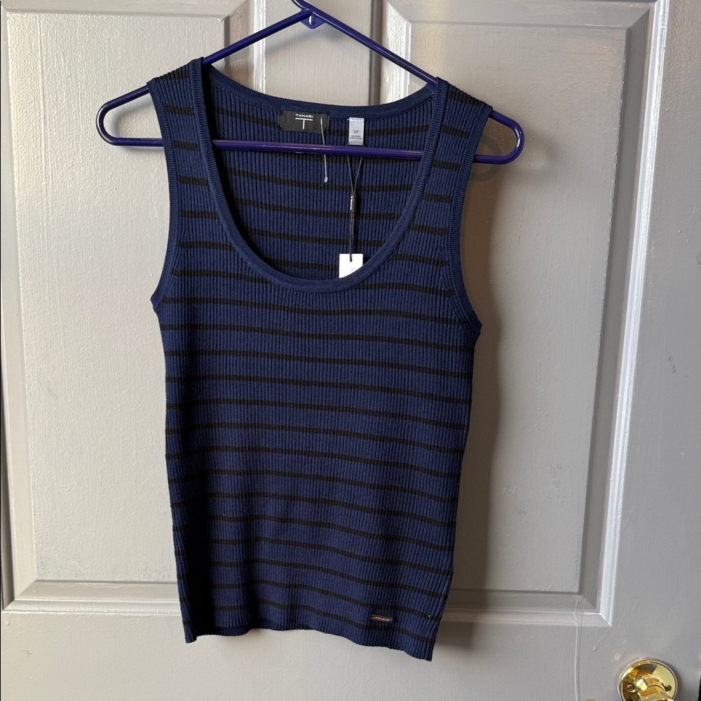 Tahari Navy and Black Striped Tank Top